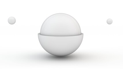 3d rendering of two hemispheres connected to each other. Hemispheres of different sizes. Two balls in the space on the sides. Abstract 3D composition, futuristic background, minimalist design.