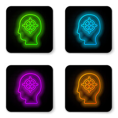 Glowing neon line Head hunting icon isolated on white background. Business target or Employment sign. Human resource and recruitment for business. Black square button. Vector
