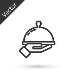 Grey line Covered with a tray of food icon isolated on white background. Tray and lid sign. Restaurant cloche with lid. Vector