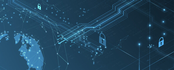 internet digital security technology concept for business background. Lock on circuit board