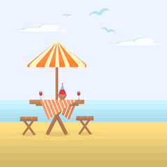 vector illustration of a wooden table with chairs on the beach