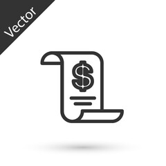 Grey line Paper or financial check icon isolated on white background. Paper print check, shop receipt or bill. Vector