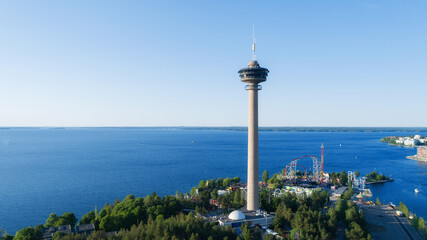 View of Tampere city, Finland. Summer sityscape. Blue clear sky. Travel destinations.