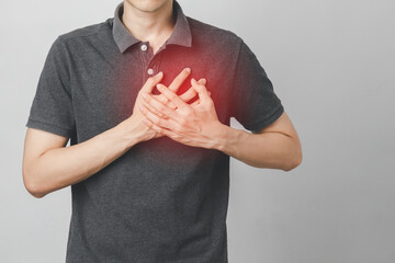 Man has chest pain suffering by heart disease, Cardiovascular disease, heart attack. Health care...