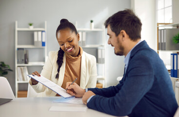 Partnership deal or vacant candidate hiring concept. Afro american businesswoman holding clipboard,...