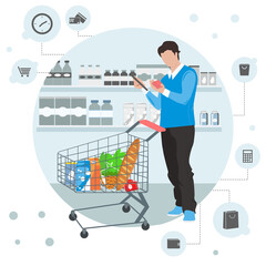 A man is shopping in a supermarket according to the list. Illustration of assembling products by list or delivery. Next to the man is a full grocery cart, behind him are shelves of groceries on a gray