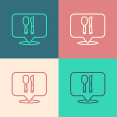 Pop art line Cafe and restaurant location icon isolated on color background. Fork and spoon eatery sign inside pinpoint. Vector.