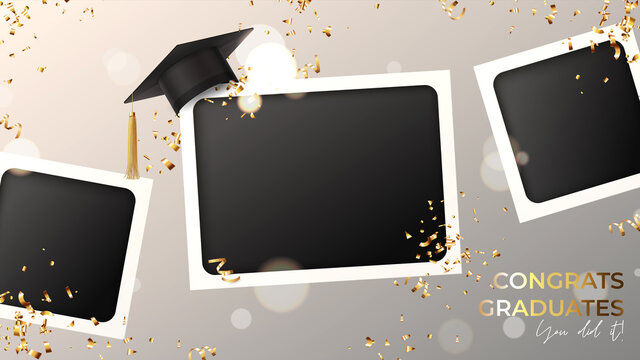 Banner for design of graduation. Blank photo frames with graduation cap, confetti and serpentine on background with effect bokeh. Congratulations graduates. Vector illustration for degree ceremony.