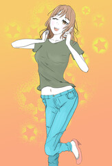 喜ぶかわいい女性(ニーショット)