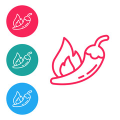 Red line Hot chili pepper pod icon isolated on white background. Design for grocery, culinary products, seasoning and spice package, cooking book. Set icons in circle buttons. Vector