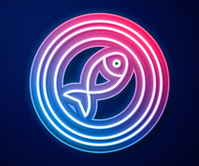 Glowing neon line Served fish on a plate icon isolated on blue background. Vector