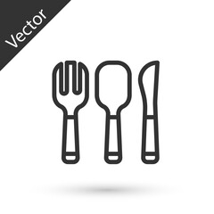 Grey line Fork, spoon and knife icon isolated on white background. Cooking utensil. Cutlery sign. Vector