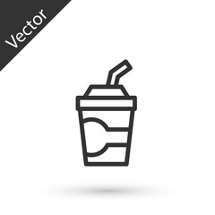 Grey line Paper glass with drinking straw and water icon isolated on white background. Soda drink glass. Fresh cold beverage symbol. Vector