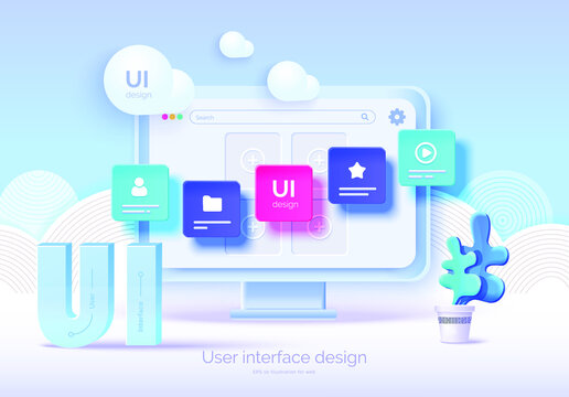 Mockup 3D monitor with user interface elements for web design Software creator. User interface, user experience design. A set of tools for creating UI UX. Web development. Vector illustration 3D style
