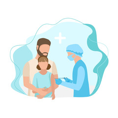 A nurse with a syringe vaccinates a girl sitting in the arms of a dad who hugs and supports her vector illustration on an abstract modern background. Thanks to doctors and nurses for saving lives.
