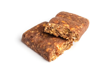 Two pieces of a bar with cranberries on a white background. Muesli or grain bars. Sports nutrition