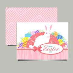 happy easter card with colored eggs and white rabbit 