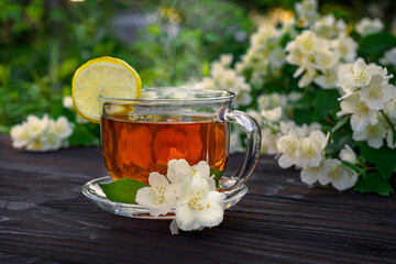 Glass cup with tea, lemon, jasmine branches on a wooden table. Outdoor, picnic, brunch.