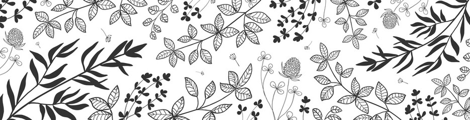Floral vector banner with leaves, plants. Abstract natural elements in doodle style. Silhouette of plants. Print for holiday background, wallpaper. Minimalistic, trendy design.