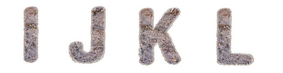 Letters I, J, K, L made of mud