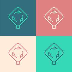 Pop art line Roundabout traffic icon isolated on color background. Traffic circle road sign. Vector