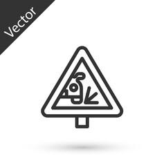 Obraz premium Grey line Warning road sign throwing stone materials icon isolated on white background. Traffic rules and safe driving. Vector