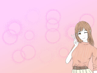 ピースする女の子とホワホワの背景