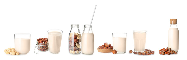 Tasty hazelnut milk on white background