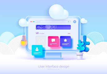 Mockup 3D monitor with user interface elements for web design Software creator. User interface, user experience design. A set of tools for creating UI UX. Web development. Vector illustration 3D style