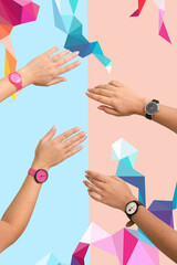 Female hands with stylish wrist watches on color background