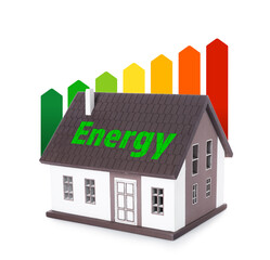 Figure of house with energy efficiency rating on white background