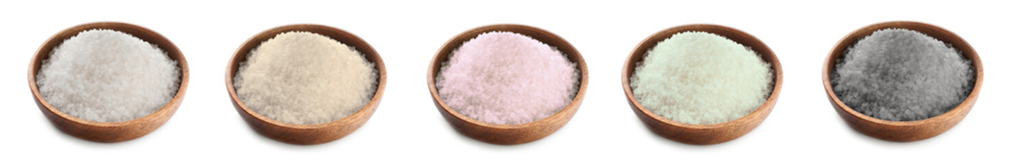 Bowl with salt on white background
