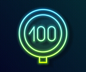 Glowing neon line Speed limit traffic sign 100 km icon isolated on black background. Vector