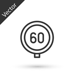 Fototapeta premium Grey line Speed limit traffic sign 60 km icon isolated on white background. Vector
