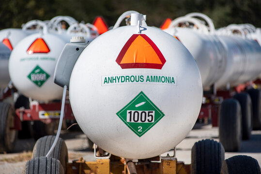 Illinois, USA, October 2020 - Rows of tanks filled with anhydrous ammonia. Nitrogen fertilizer, corn, farm crops, food, green, grow, chemicals, hazardous, dangerous, deadly, kill, flammable