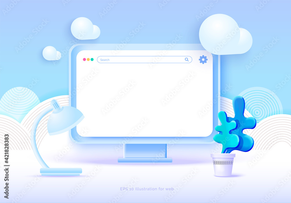 Wall mural mockup 3d monitor on a blue background with clouds and other elements of the entourage. conceptual i