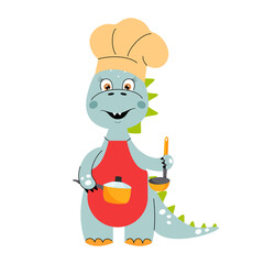 Cute dinosaur in chef hat and apron cooking meal. Vector illustration.