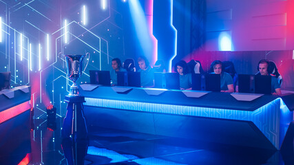 Esport Team of Pro Video Game Players Playing in a Championship. Cyber Games Arena Online...