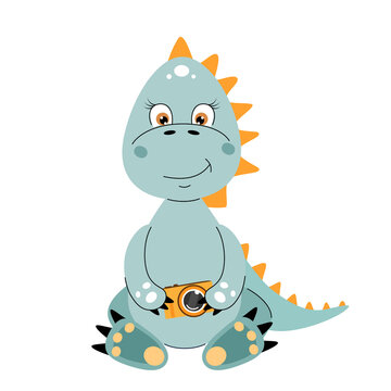 Cute dinosaur sitting with camera in hands. Vector illustration.