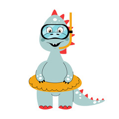 Dino baby in swimming mask and rubber ring. Dinosaur cartoon vector illustration.