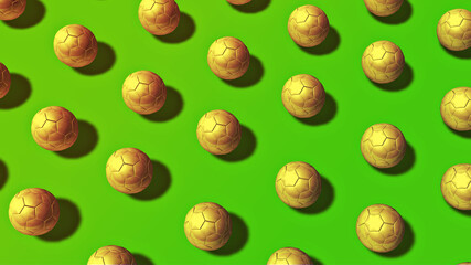 Golden footballs minimal pattern style background. A bright, top view 3d render, sports template