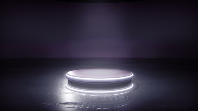 An industrial dark photoshoot backdrop, with a highlighted podium to promote your products. A 3D illustration background