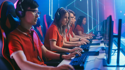 Diverse Esport Team of Pro Gamers Play in Mock-up RPG Strategy Video Game on a Championship. Stylish Neon Cyber Games Arena. Online Broadcasting of Tournament Event. Side View Shot © Gorodenkoff