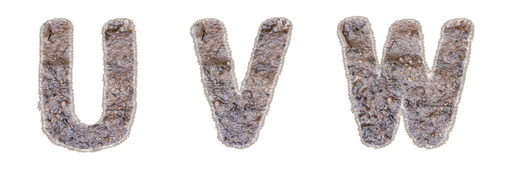 Letters U, V, W made of mud