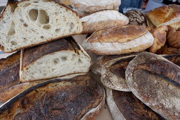 Homemade different kind loaf of bread selling in the farmer market