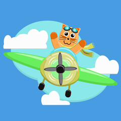 Illustration vector graphic cartoon character of cute cat pilot flight with plane. Childish cartoon design suitable for product design of children's books, children shirts, dress, greeting cards etc.