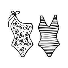 Two styles of stylish swimwear for women with floral and striped prints. Vector illustration hand drawn in outline style doodle. Summer illustration for design, print, postcard, poster, sticker.