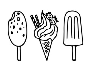 Set. Ice cream in a waffle cone with strawberries. And two popsicle ice cream on a stick. Drawn in doodle style with contour on a white background. Vector illustration.