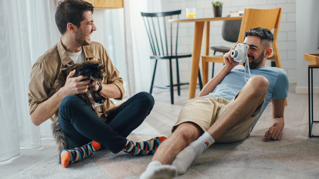 Happy Gay Couple in Love Play with Gorgeous Purebred Cat, Taking Photos. Cheerful Young Boyfriends Spending Time together, Have Fun, Enjoy Sunny Morning at Home.