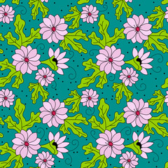 Seamless pattern. Bright flowers and leaves are hand-drawn. Floral background for fabric, wallpaper. Vector botanical backdrop